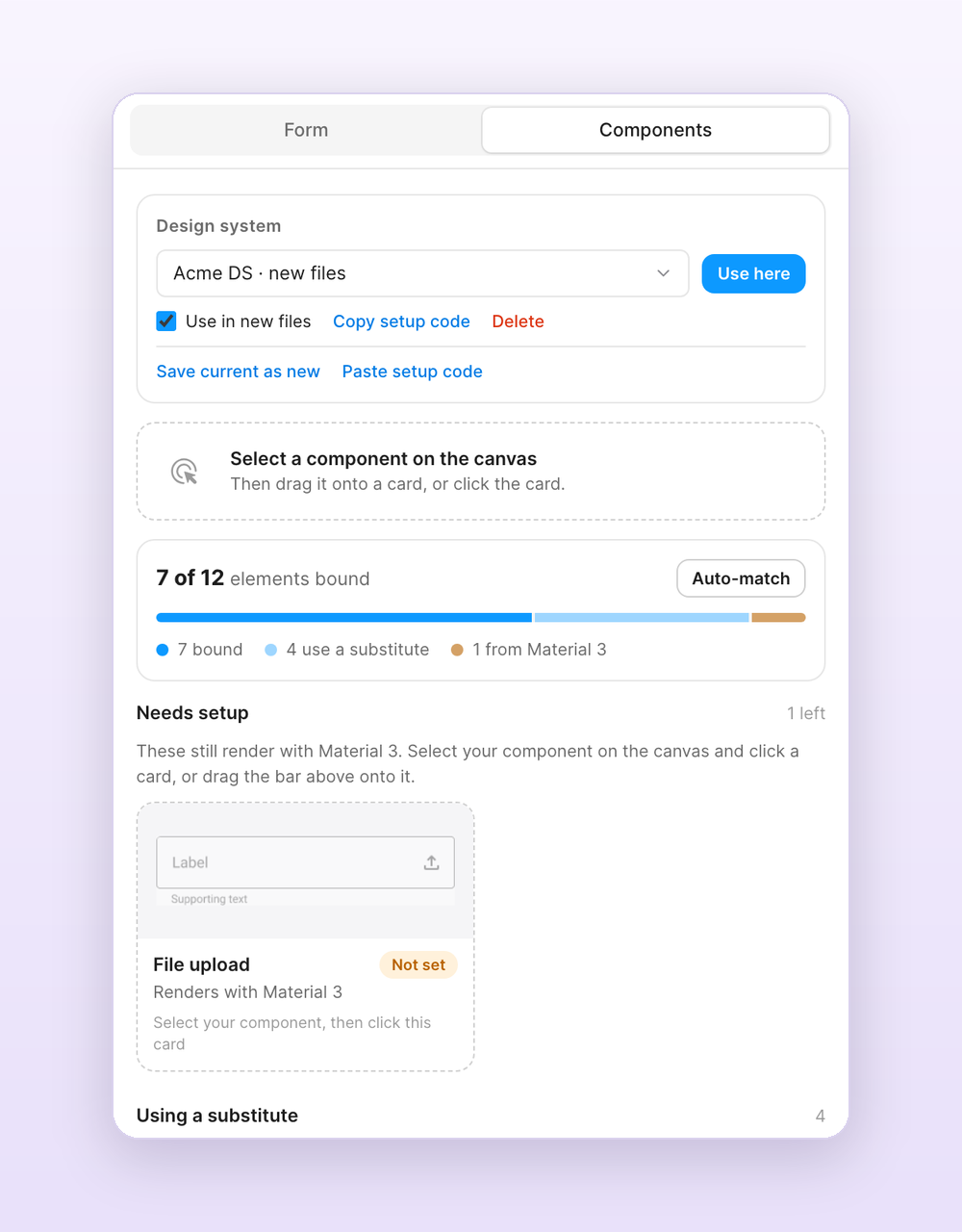 The Components tab with a saved design system, coverage summary and a role that still needs setup