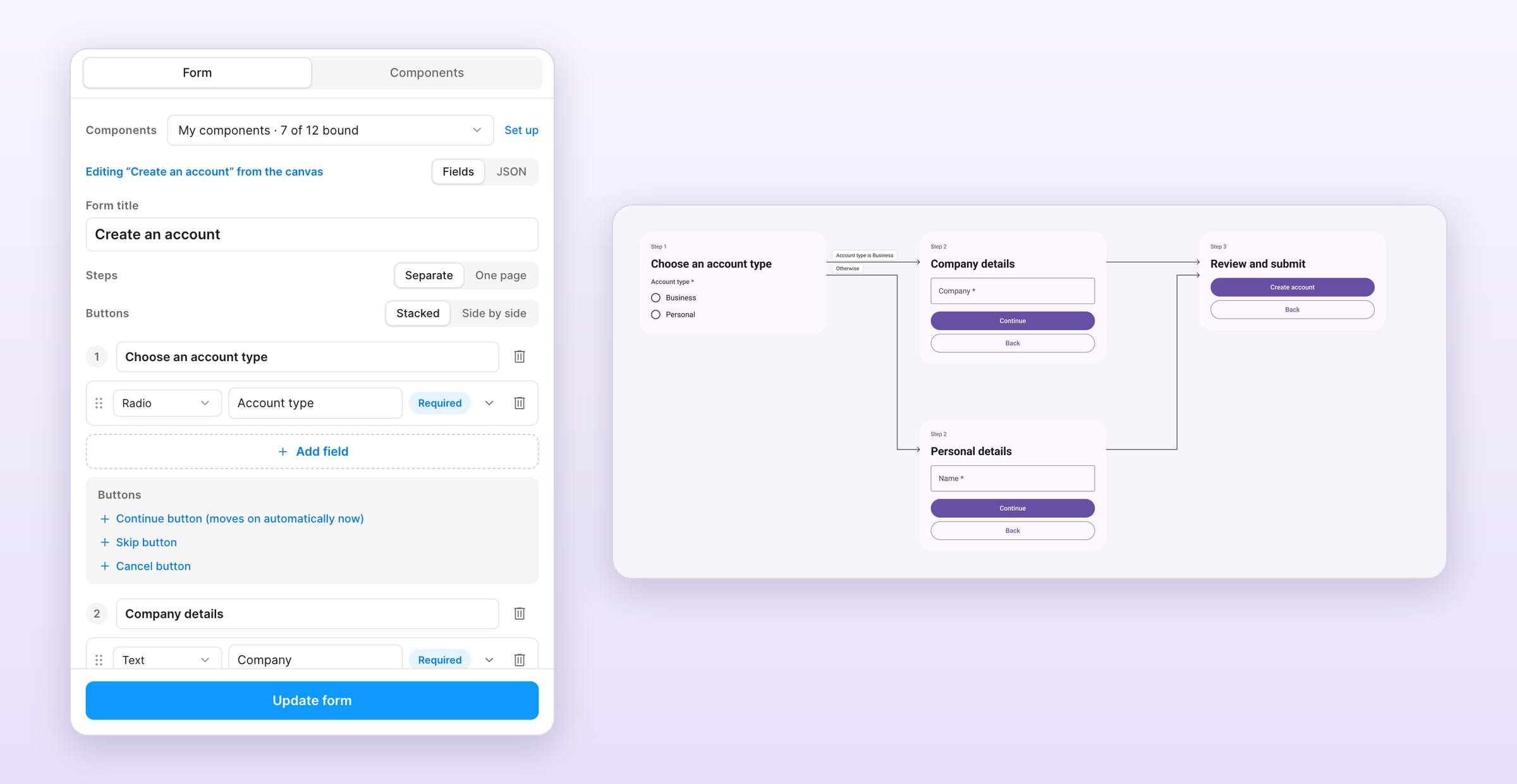 The Formhaus plugin editing a branching form next to its flow map on the canvas
